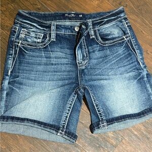 Miss Me Distressed Dark Blue Denim Roll-Hem Shorts